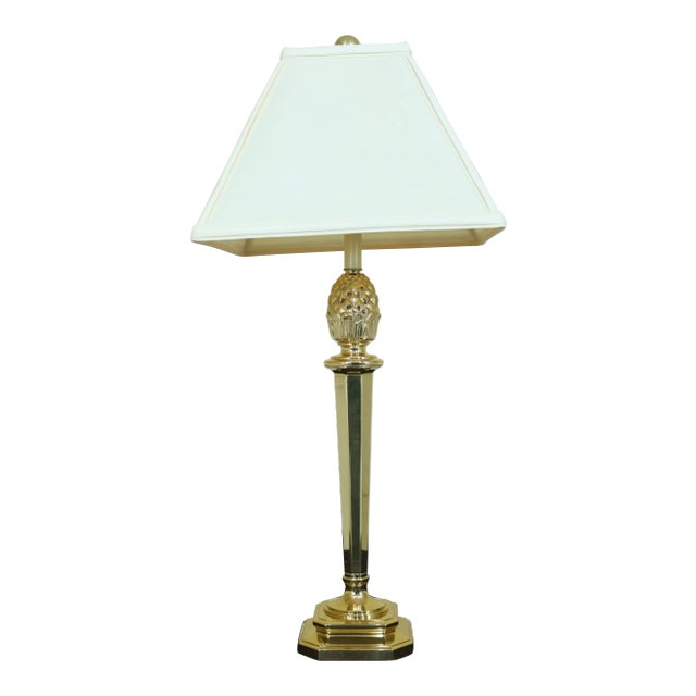 1990s Pine Cone Top Brass Column Lamp W/ Shade For Sale