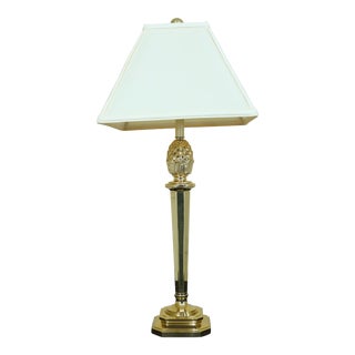 Pine Cone Top Brass Column Lamp W. Shade For Sale
