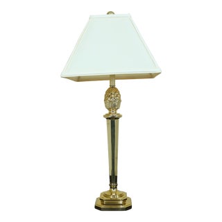 Pine Cone Top Brass Column Lamp W. Shade For Sale