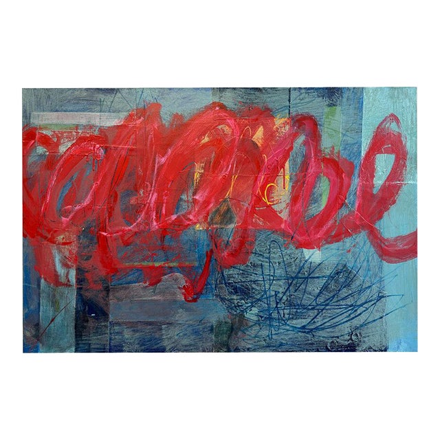 Christiane Corcelle "Rouge Pour Toujours I" Acrylic and Collage on Canvas, Abstract Painting With Red Loops on Teal Blue, 2026 For Sale