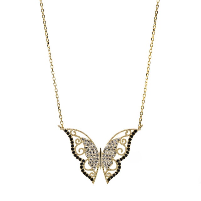Contemporary New Beginning Gold & Black Diamond Butterfly Pendant Necklace For Sale - Image 3 of 7