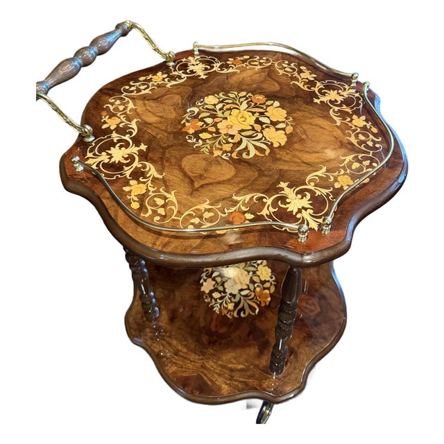 1980s Italian Inlaid Marquetry Burl Wood Bar Cart With Brass Gallery For Sale