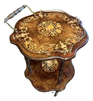 1980s Italian Inlaid Marquetry Burl Wood Bar Cart With Brass Gallery