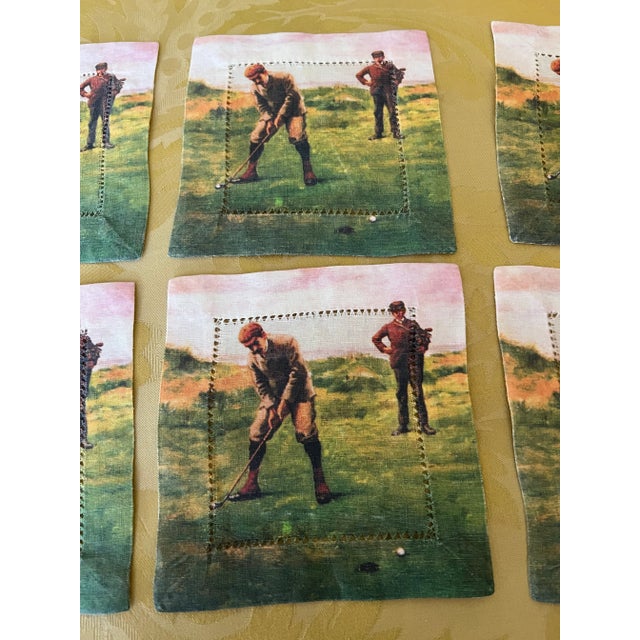 6 Golf Themed Fabric Squares Cocktail Napkins For Sale - Image 4 of 5