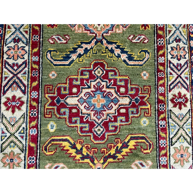Olive Green and Cream Kazak-Style Wool Runner Rug, Natural Dyes, 2'9