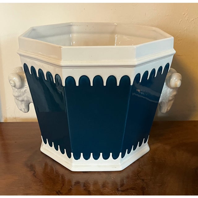 Italian Mancioli Mid-Century Modern Ceramic Cachepot Planter With Ram's Head Handles For Sale - Image 9 of 13