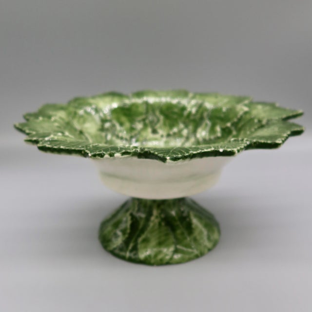 Mid 20th Century Vintage Italian Bassano Majolica Green Leaf Pedestal Compote Bowl — Made in Italy For Sale - Image 5 of 9