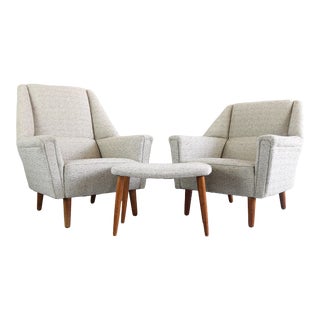 Set of His and Hers Kurt Østervig for Rolschau Møbler Chairs W/ Single Matching Ottoman For Sale