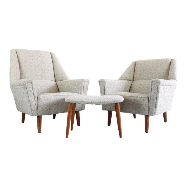 Set of His and Hers Kurt Østervig for Rolschau Møbler Chairs W/ Single Matching Ottoman For Sale