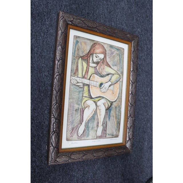 Mid Century pencil etching of woman with guitar, signed by artist, Irving Amen. *silver leaf frame *Authenticated