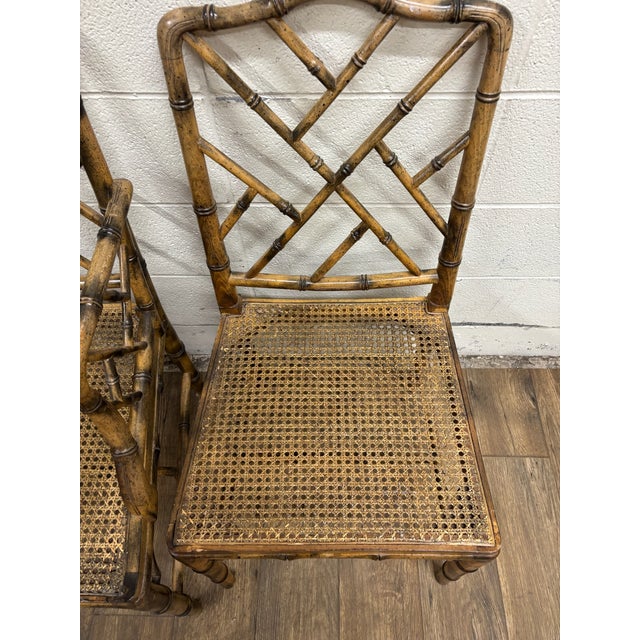 Vintage Chinese Chippendale Rattan Faux Bamboo Cane Seat Chairs For Sale - Image 10 of 12