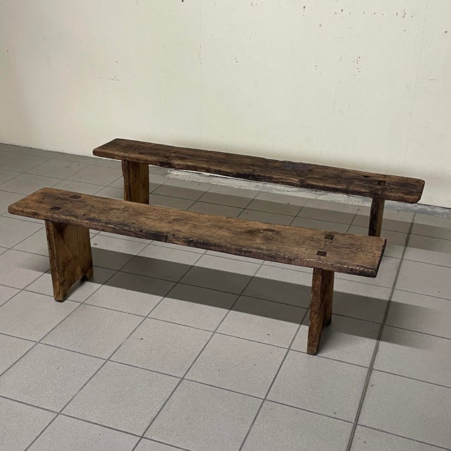 20th Century Folk Art Rustic Italian Wooden Benches, 1890s, Set of 2 For Sale - Image 9 of 18
