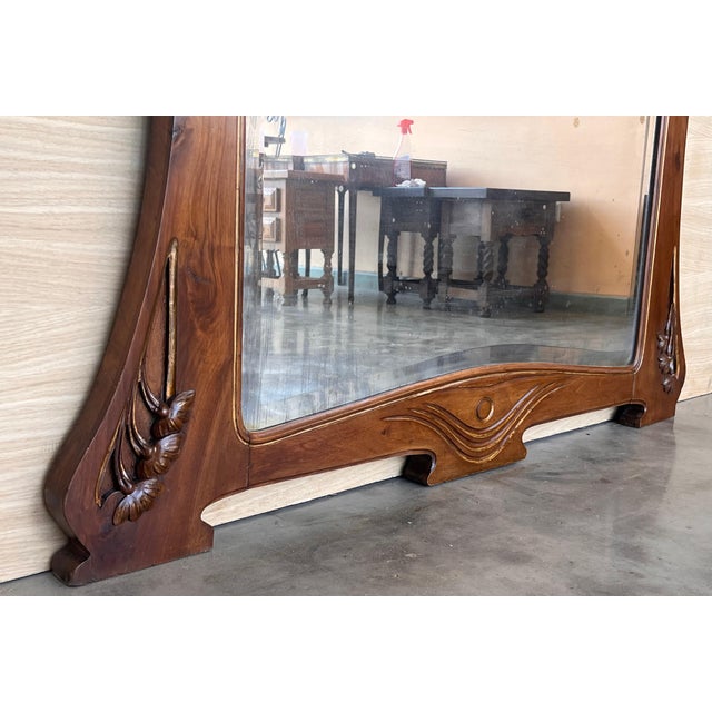 Mid 20th Century French Art Nouveau Carved Wood l Mantle Wall Mirror Glass Embossed For Sale - Image 5 of 18