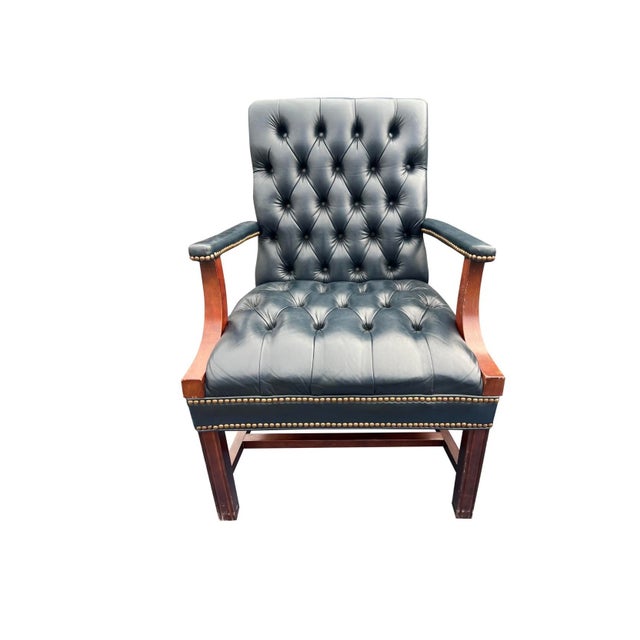 English Vintage Chesterfield Tufted Blue Leather Arm Chairs a Pair. English Style With Brass Nailhead Accent's For Sale - Image 3 of 5