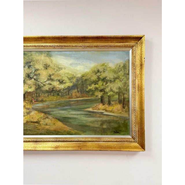 Impressionist Vintage Oil Painting Landscape Father Son Fishing River Impressionist on Canvas For Sale - Image 3 of 15