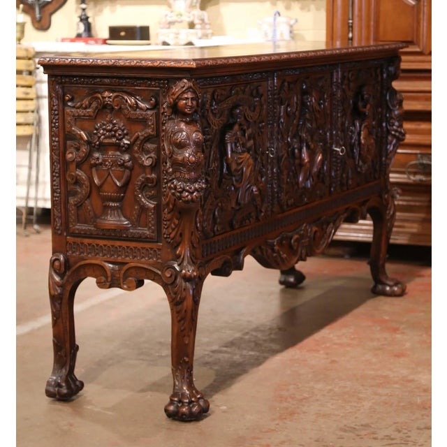 19th C. Italian Renaissance Revival Carved Walnut Credenza With Figural Panels For Sale - Image 10 of 12