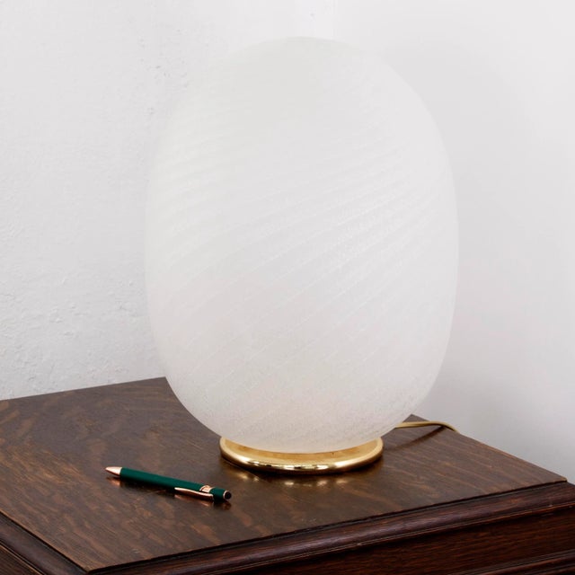Large Egg Table Lamp in White Etched Murano Glass with Spiral Texture and Brass Base, 1970s, in Flawless conditions....
