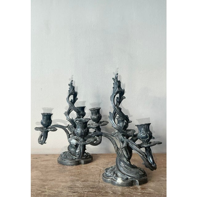 Charcoal Vintage Art Nouveau Three Arm Candelabras - A Pair For Sale - Image 8 of 10
