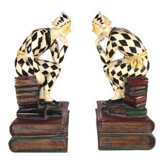 Vintage French Art Deco Harlequin Clown Bookends Statues For Sale