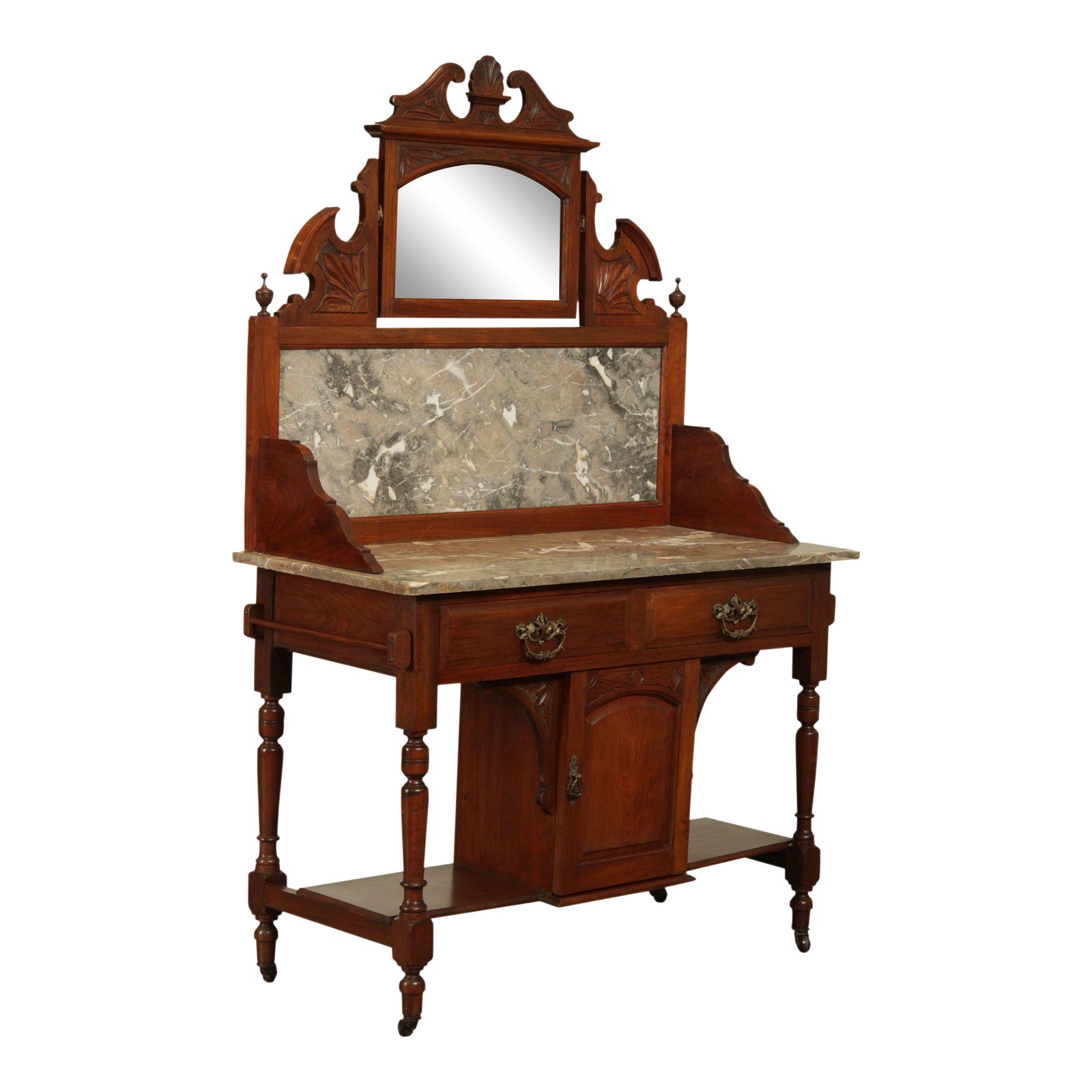 Antique Victorian Walnut Marble Top Wash Stand, Mirror Backsplash