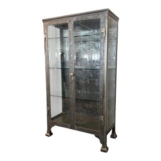 Large Antique Double Door Brushed Steel Apothecary Vitrine Cabinet For Sale