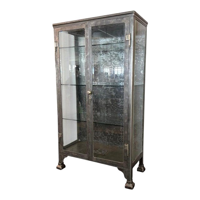 Large Antique Double Door Brushed Steel Apothecary Vitrine Cabinet For Sale