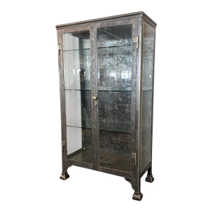 Large Antique Double Door Brushed Steel Apothecary Vitrine Cabinet