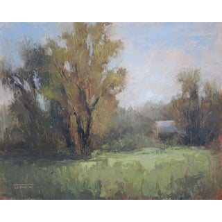 Near Walden Pond by Jane Hunt | Oil Painting of a serene landscape with trees and a building For Sale