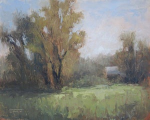 Near Walden Pond by Jane Hunt | Oil Painting of a serene landscape with trees and a building