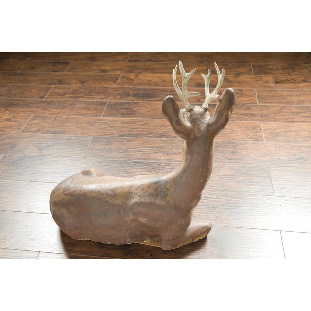Brown American 1950s Concrete Reclining Deer with Antlers and Weathered Appearance For Sale - Image 8 of 9