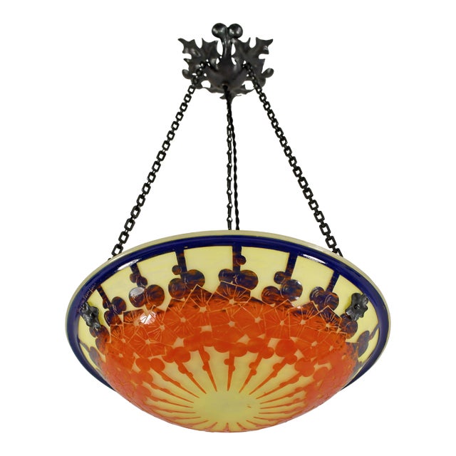 French Art Deco Pendant Light by Le Verre Francais Schneider - 1925 Cameo Chandelier France For Sale