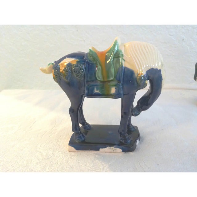 Hollywood Regency Vintage Tang-Design Chinese Majolica Stallion Figurines, S/3 For Sale - Image 3 of 9