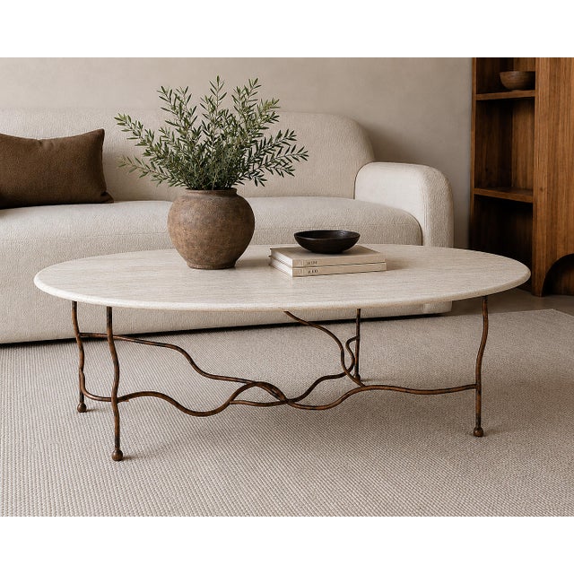 Contemporary Oval Travertine Coffee Table With Hand-Forged Iron Base For Sale - Image 3 of 11