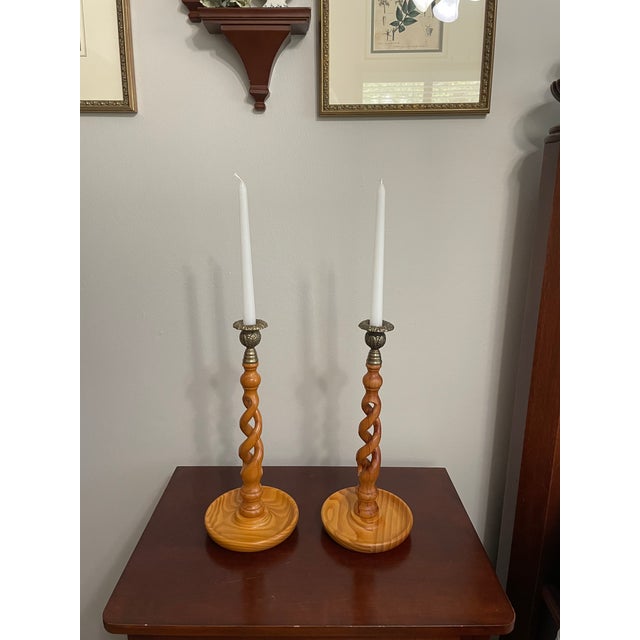 Vintage English Oak Open Barley Twist Candlesticks - A Pair For Sale - Image 15 of 15