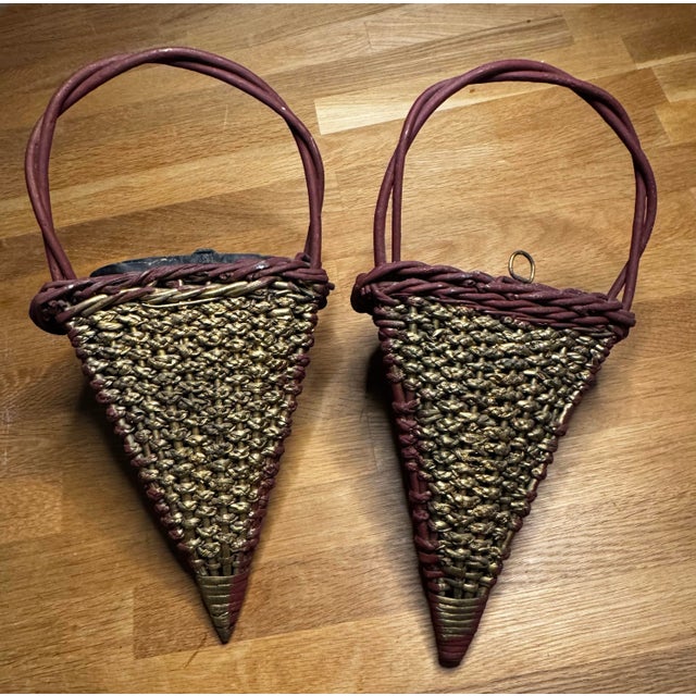 Mid 20th Century Victorian English Burgundy Wicker Conical Shaped Handle Wall Pockets, a Pair For Sale - Image 11 of 11