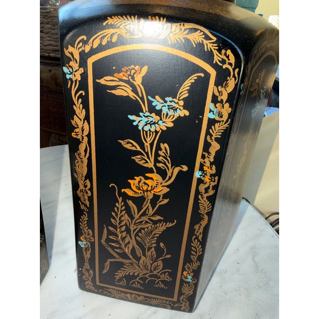 Mid-Century Modern Vintage Gorgeous Mid Century Modern Chinoiserie Hexagonal Tea Caddy Table Lamps - Pair For Sale - Image 3 of 7