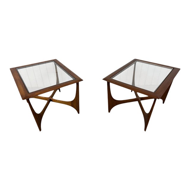 Mid-Century Modern Lane "Silhouette" Walnut Glass Top Side Tables - Set of 2 For Sale