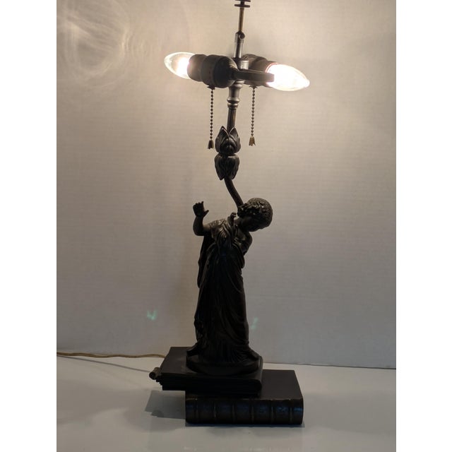 This amazing antique lamp features a bronze sculpture of a girl holding a dove by A. Messina. The scale and size of this...