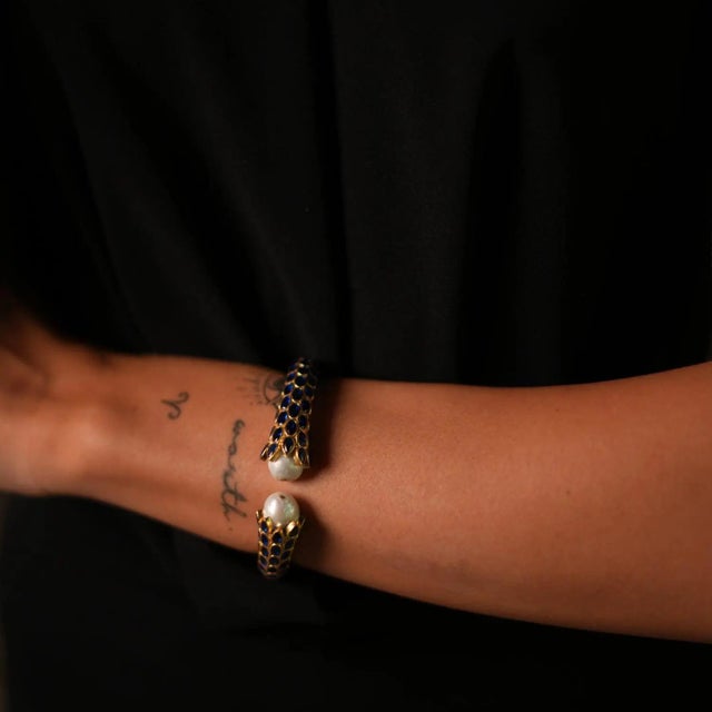 Cleopatra Sapphire & Pearl Gold Chunky Cuff Bracelet For Sale - Image 4 of 8