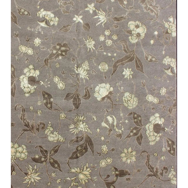 Modern Tibetan/Nepalese wool and silk rug with all-over design with flowers and leaves, Nepalese modern rug in gray....