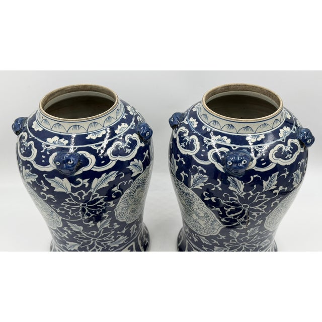 Mid 20th Century Pair of Chinese Style Blue and White Porcelain Temple Ginger Jars For Sale - Image 10 of 18