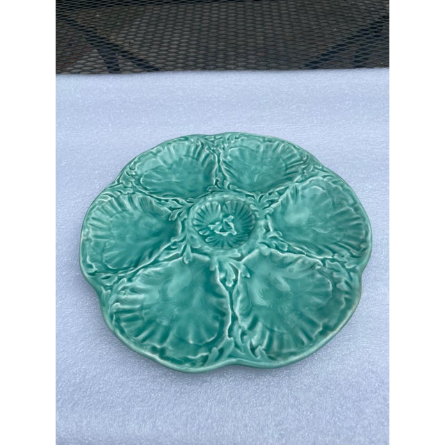 Ceramic 1940s French Gien Turquoise Majolica Oyster Plate For Sale - Image 7 of 12