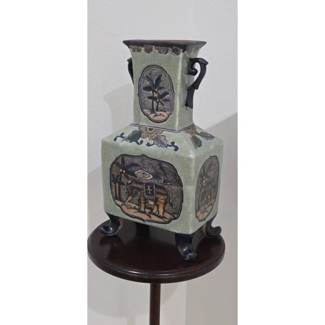 Asian Vintage Formalities by Baum Bros Ceramic Vase – Elephant & Palm Design – Crackle Glaze – Footed & Handled – Asian Bohemian Style For Sale - Image 3 of 5