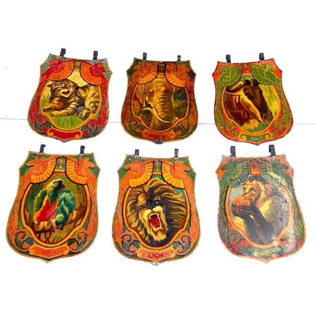 Set of Six Double-Sided Victorian Tole Cartouche Panels by Whitelegg & Sons for Thomas Wombwell’s Menagerie (12 Paintings)...