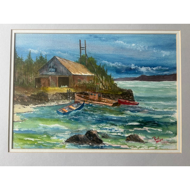 Late 20th Century Original Paul Nolan Watercolor Coastal Harbor Scene, Signed New England Seascape, Framed 24” X 30” For Sale In Providence - Image 6 of 7