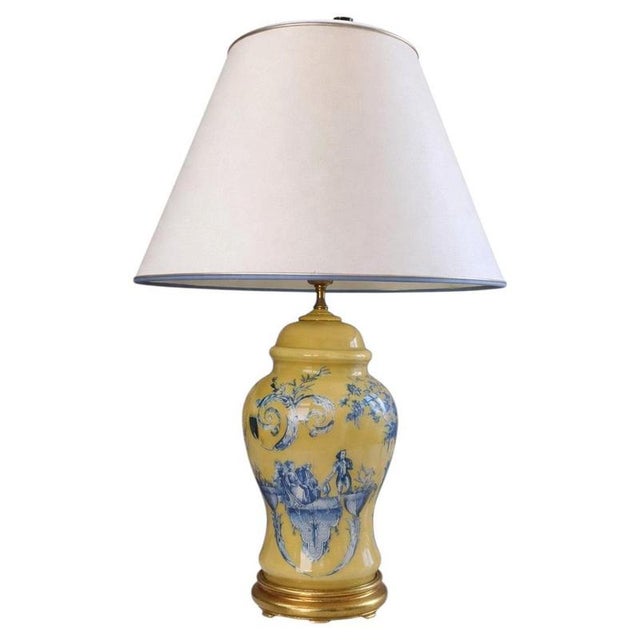 Italian Yellow Glazed Porcelain Table Lamp with Blue Rococo Motif, 1950s For Sale - Image 10 of 10