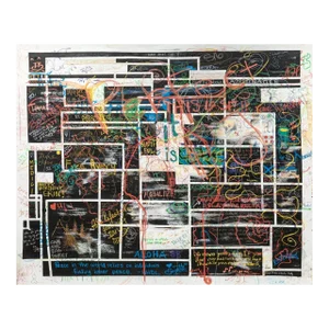 San Francisco CA Artist Collective Signed Mixed-Media Painting on Linen 2000s