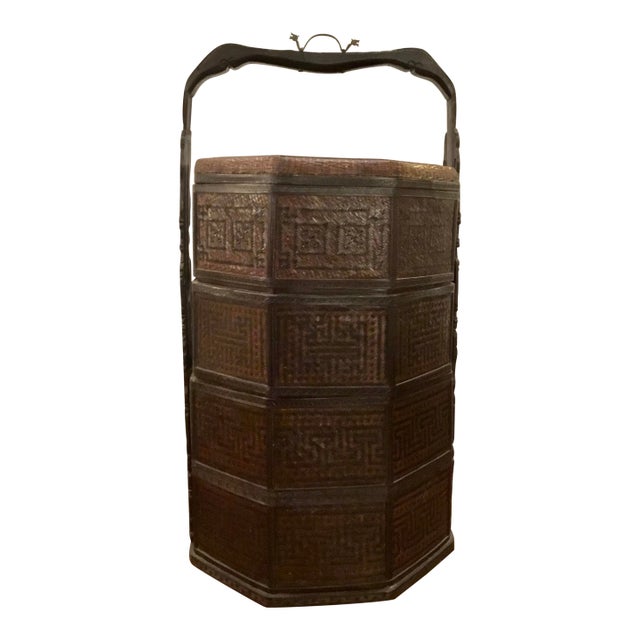 Antique Asian Tall Wood Wedding Basket For Sale