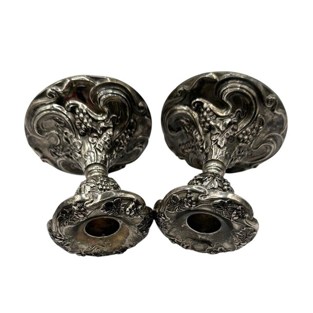 Silver Vintage Godinger Silver-Plate Candlesticks With Boroque Grape and Scroll Design - A Pair For Sale - Image 8 of 12