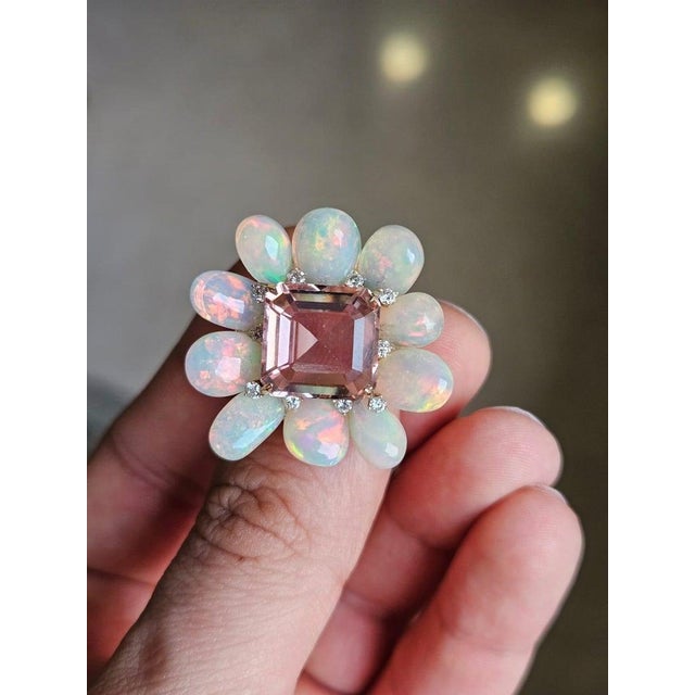 Modern Set in 18k Gold, 9.87 Carats Tourmaline, Ethiopian Opal & Diamonds Cocktail Ring, Size 6 For Sale - Image 3 of 10